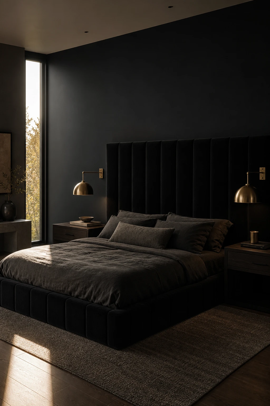 Modern masculine bedroom anchored by a black velvet bed with charcoal linen bedding, flanked by slim nightstands under warm pendant lighting and Pitch Black painted walls