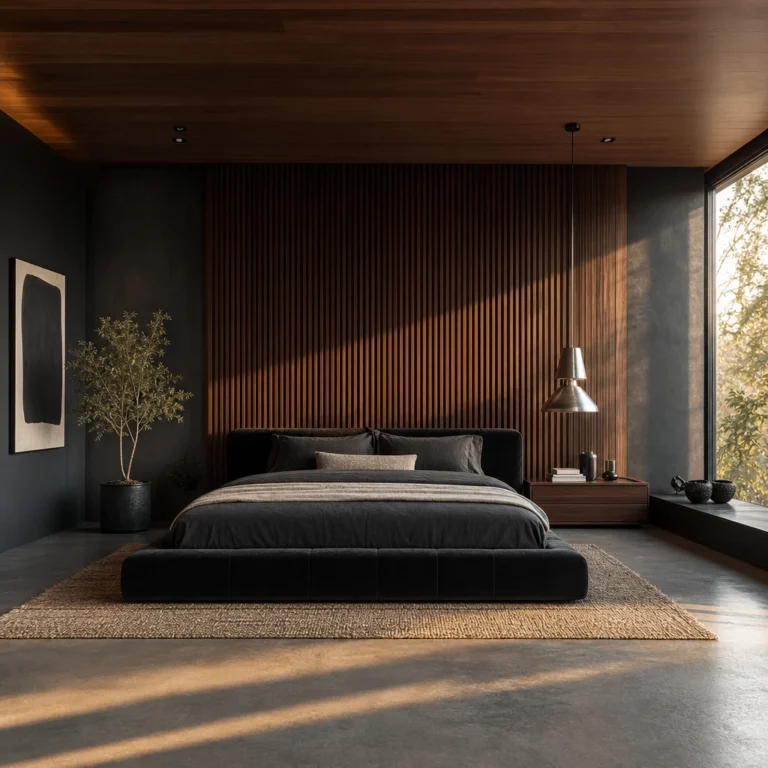 Modern masculine bedroom with a full height dark wood slat wall, low profile black velvet bed, charcoal walls, walnut ceiling, and honed concrete floor in warm late afternoon side light.