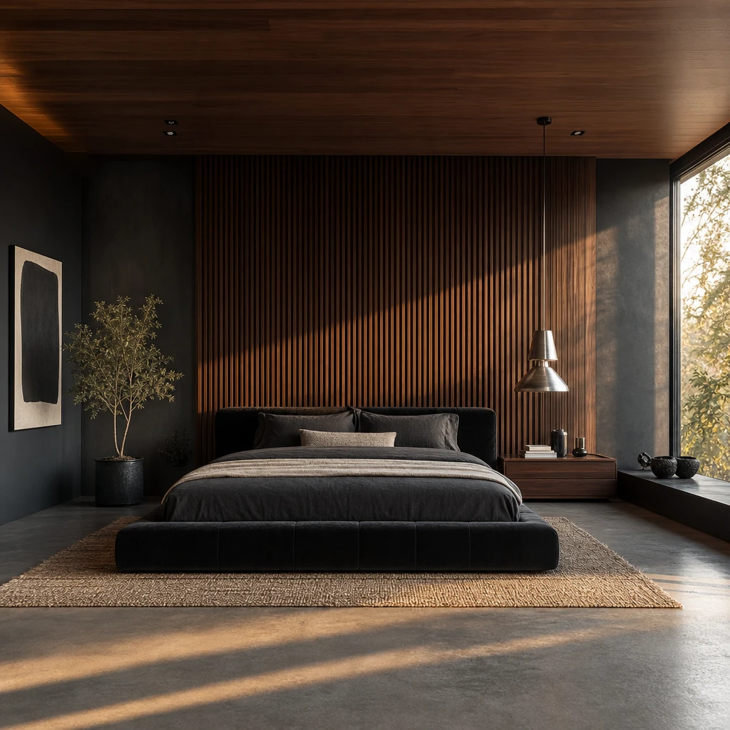 Modern masculine bedroom with a full height dark wood slat wall, low profile black velvet bed, charcoal walls, walnut ceiling, and honed concrete floor in warm late afternoon side light.