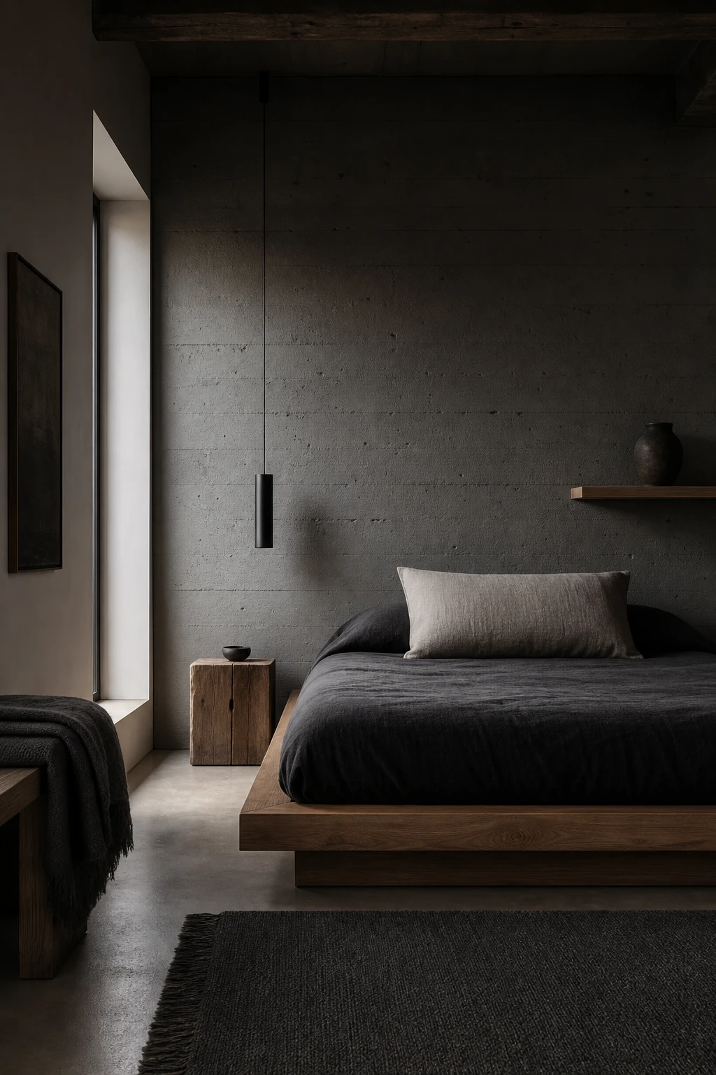 Modern masculine bedroom in Dark Scandi style with low platform bed, charcoal linen, exposed concrete wall and Farrow Ball Lamp Room Gray painted feature wall