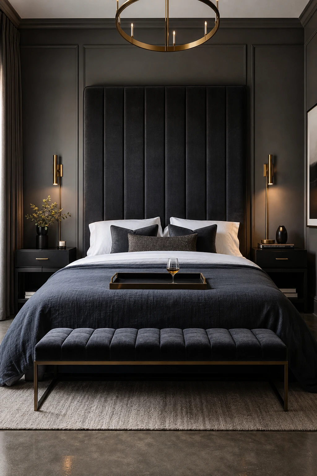 Modern masculine bedroom styled like a luxury hotel suite with crisp white bedding, dark upholstered headboard, bedside sconces, and Farrow Ball Charleston Gray walls