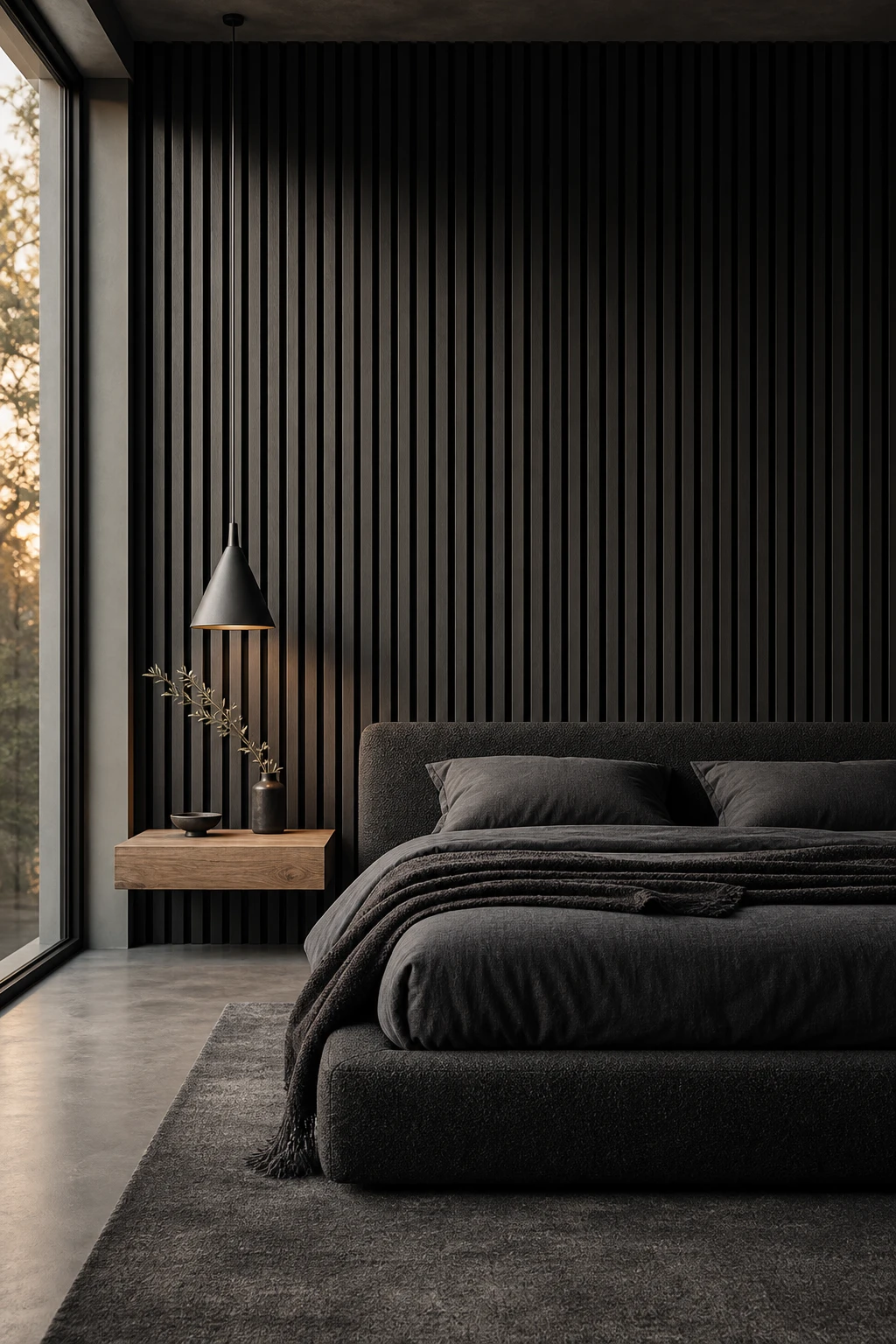 Modern masculine bedroom with a black slat wall as the focal point, dressed in dark linens and warm timber accents under directional evening light