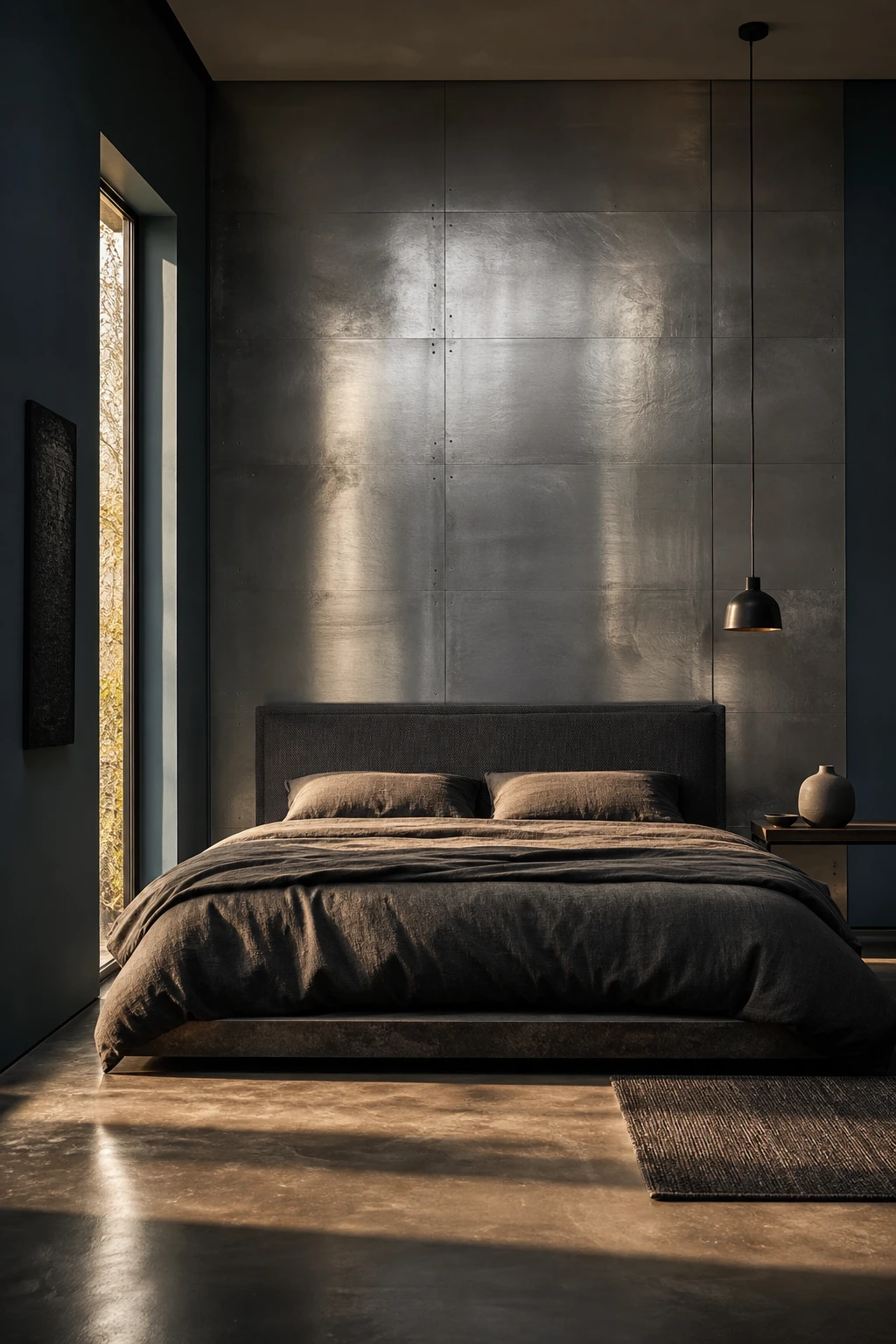 Modern masculine bedroom with a brushed steel accent wall as the hero, low platform bed, concrete floor, and Farrow Ball Inchyra Blue paint on flanking walls