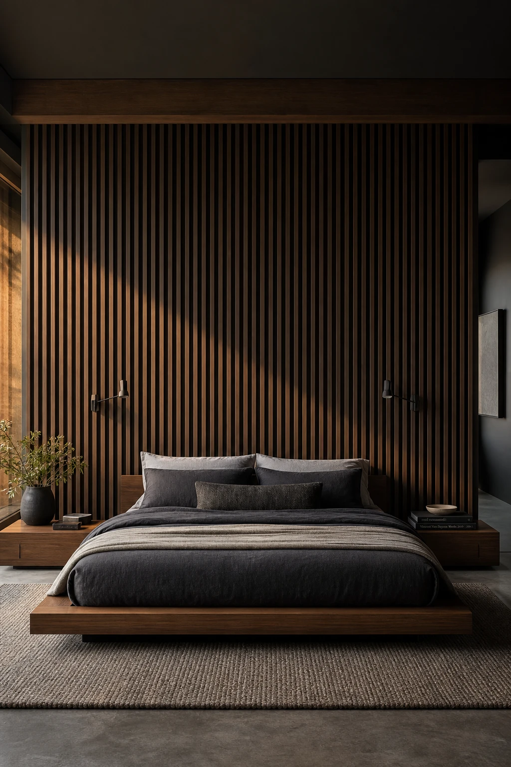 Modern masculine bedroom with a dark wood slat feature wall behind the bed, low platform frame, linen bedding, and warm directional lighting