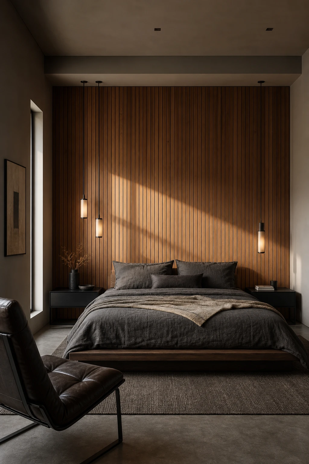 Modern masculine bedroom with a full wall wood headboard anchoring a king bed, dressed in charcoal linen and styled with angular nightstands and warm directional lighting