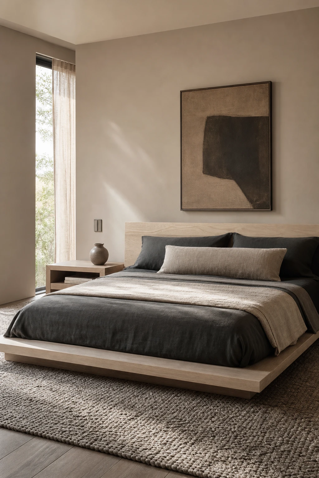 Modern masculine bedroom with a low Japandi bed as the hero, warm neutral walls, linen bedding, timber floor, and natural light from a side window