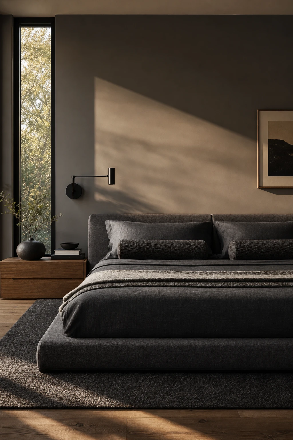Modern masculine bedroom with a low profile bed as the hero, dressed in charcoal linen, set against Farrow and Ball Worsted grey walls in soft evening light