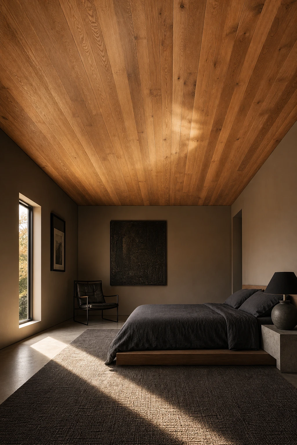Modern masculine bedroom with a warm wood plank ceiling as the focal point, Farrow and Ball Mouse's Back walls, and clean architectural lines in natural light