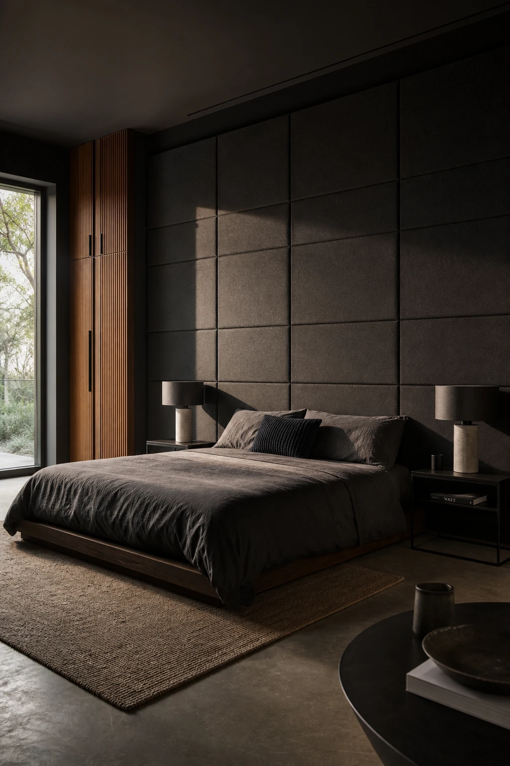 Modern masculine bedroom with acoustic panels as the focal wall feature, dark grey walls, low platform bed, and concrete flooring in moody evening light