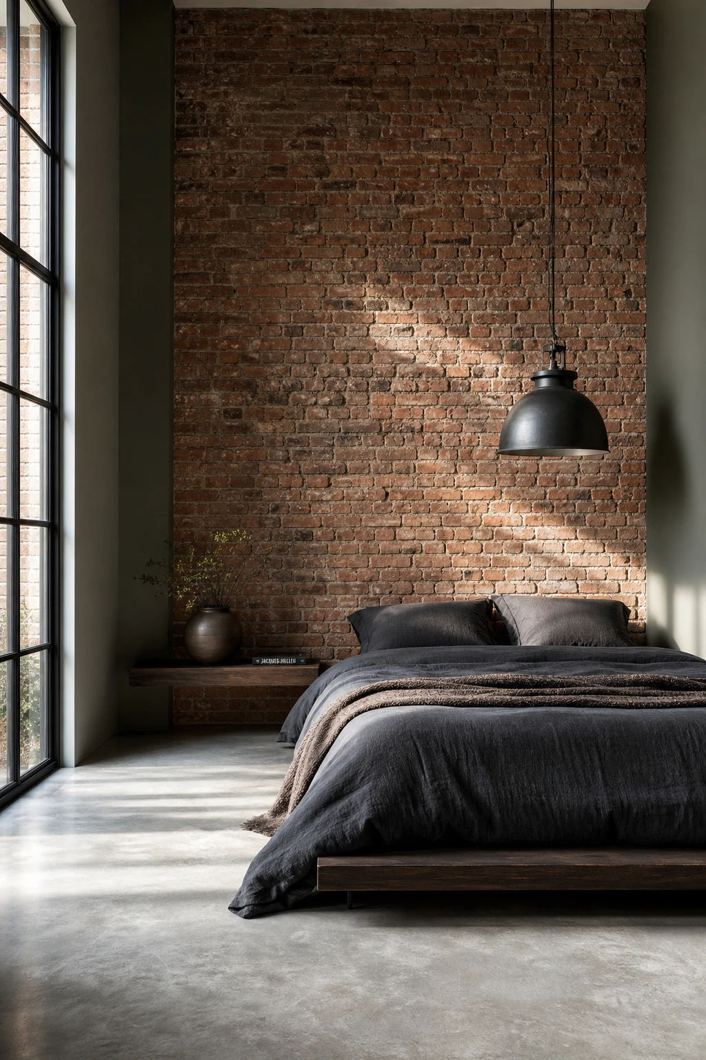 Modern masculine bedroom with an exposed brick feature wall painted Farrow and Ball Hopper Head dark grey, low platform bed, concrete floor and industrial pendant lighting