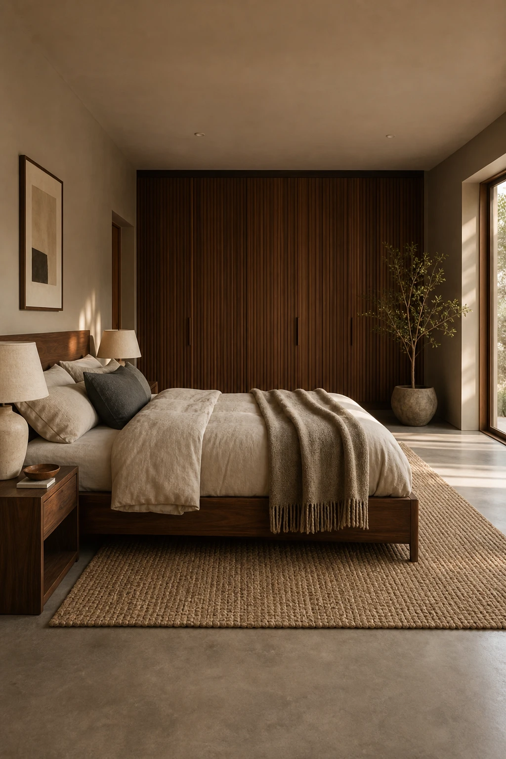 Modern masculine bedroom with beige and walnut as the hero, featuring warm toned walls, solid wood furniture, linen bedding, and soft natural light