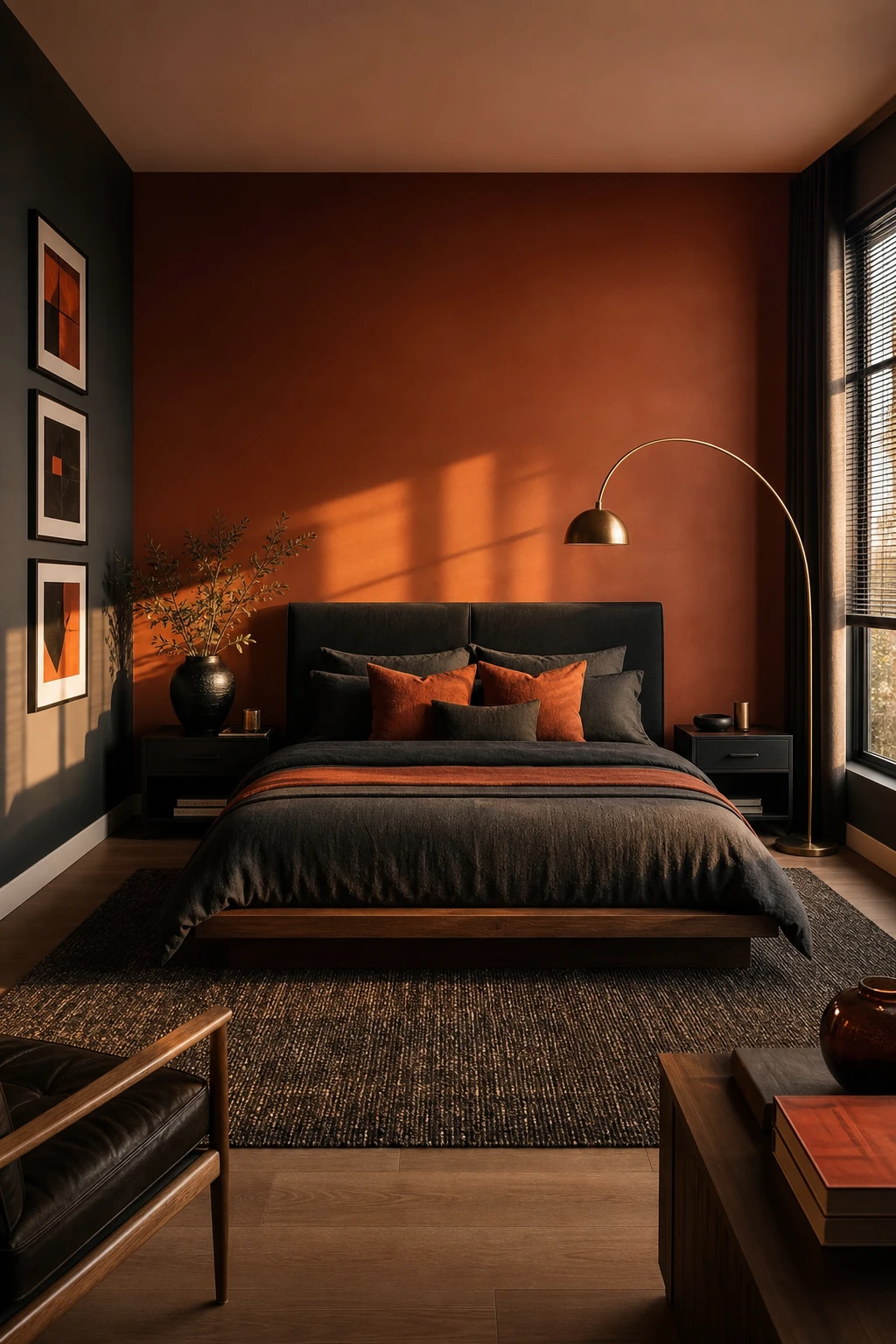 Modern masculine bedroom with black and burnt orange accents, featuring Farrow and Ball Charlottes Locks paint on a feature wall behind a low platform bed