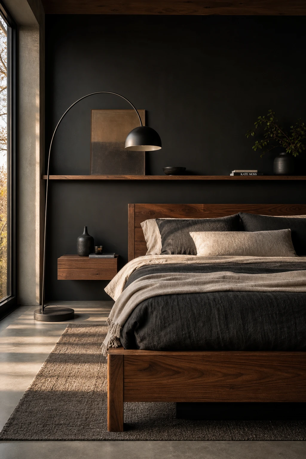 Modern masculine bedroom with black and wood as the hero pairing, featuring dark walls, warm timber furniture, and layered textural bedding in natural light