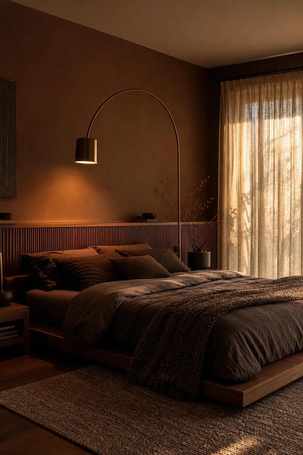 Modern masculine bedroom with chocolate brown tones, rich textured walls, low platform bed, warm ambient lighting and layered dark bedding in a moody enveloping scheme