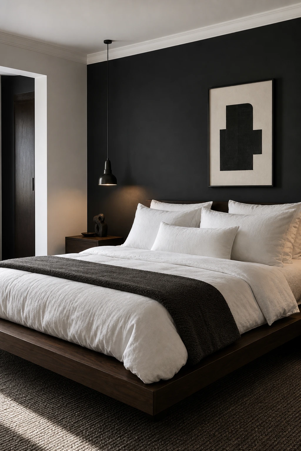 Modern masculine bedroom with crisp white bedding as hero contrast against dark walls painted Farrow and Ball Strong White trim and moody charcoal tones