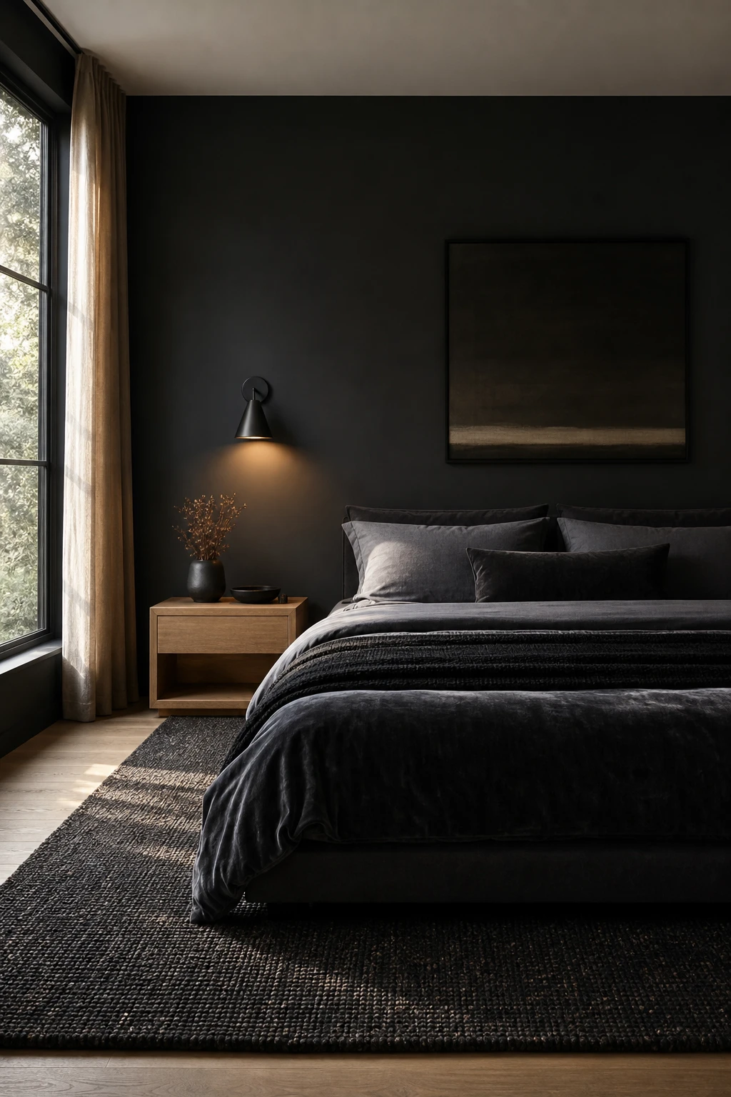 Modern masculine bedroom with dark charcoal and black bedding as the hero feature, styled with layered textures on a low platform bed against a Farrow and Ball Tar painted wall