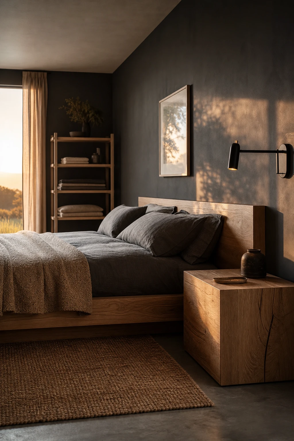 Modern masculine bedroom with dark grey walls and natural wood nightstand, platform bed with charcoal linen bedding, warm evening light from a wall sconce