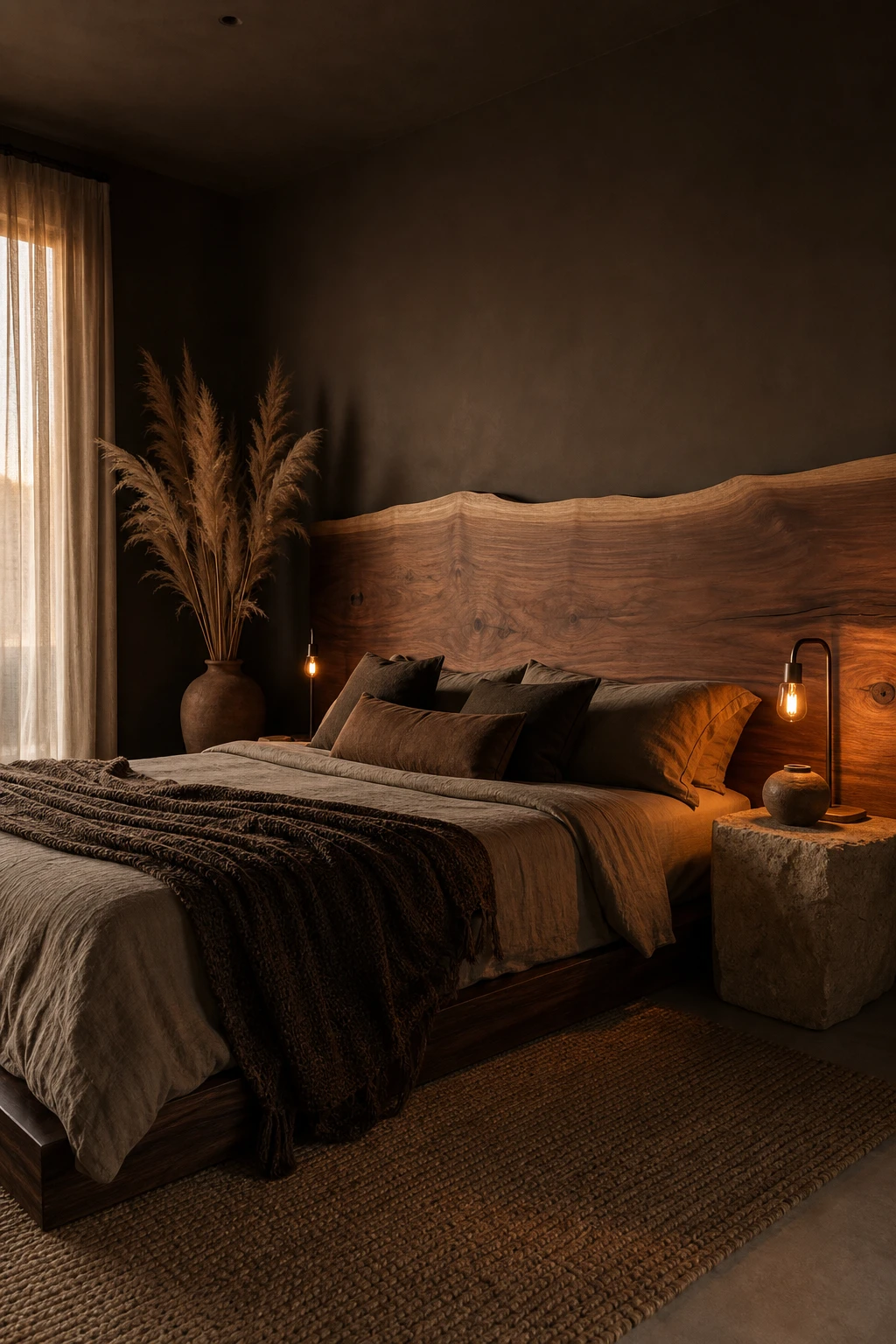Modern masculine bedroom with dark naturalism aesthetic featuring raw wood, stone textures, leather and Farrow & Ball Tanners Brown walls in warm low light