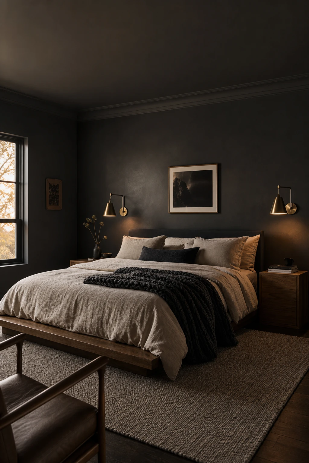 Modern masculine bedroom with deep charcoal walls, low profile bed, linen bedding, brass sconces and dark hardwood floor in warm evening light