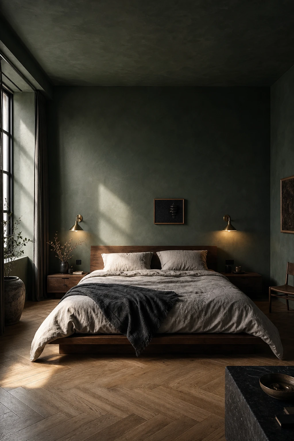 Modern masculine bedroom with deep green walls in Farrow & Ball Studio Green paint, dark walnut bed frame, linen bedding, brass sconces, and herringbone oak floor