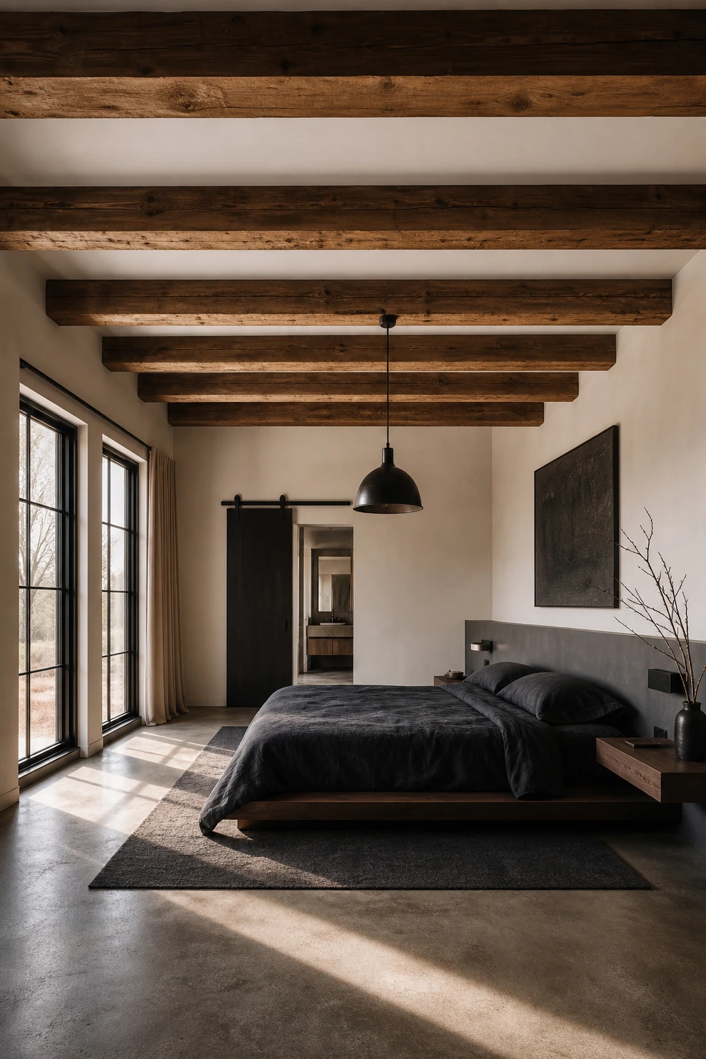 Modern masculine bedroom with exposed wood beams as the hero feature, painted All White ceiling, dark linen bedding, concrete floor, and tall casement windows in warm morning light