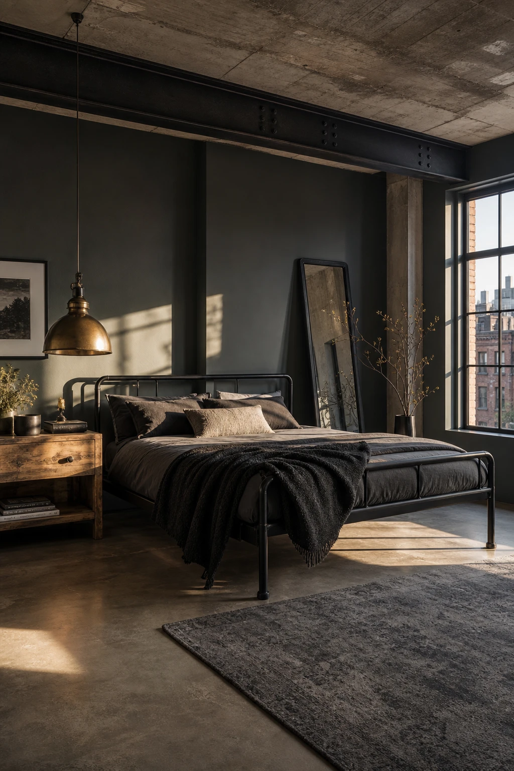 Modern masculine bedroom with industrial elements including exposed concrete ceiling, steel frame bed, and Farrow & Ball Manor House Gray walls bathed in late afternoon light
