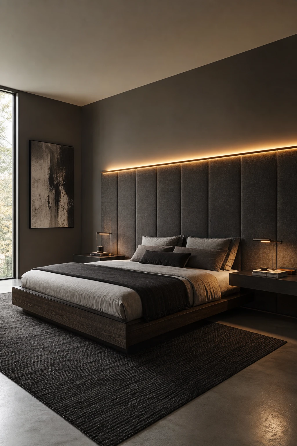 Modern masculine bedroom with integrated headboard lighting as the hero feature, upholstered panel headboard, concrete walls in Farrow and Ball Stoke grey, linen bedding