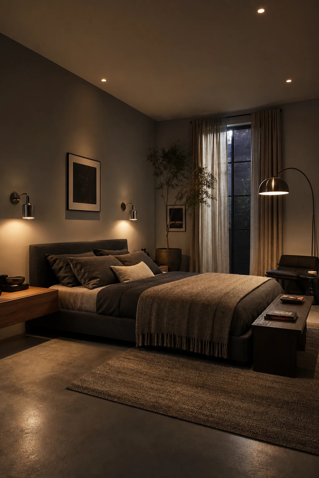 Modern masculine bedroom with layered lighting including recessed ceiling lights, bedside sconces, and a floor lamp casting warm pools of light against Pavilion Gray walls