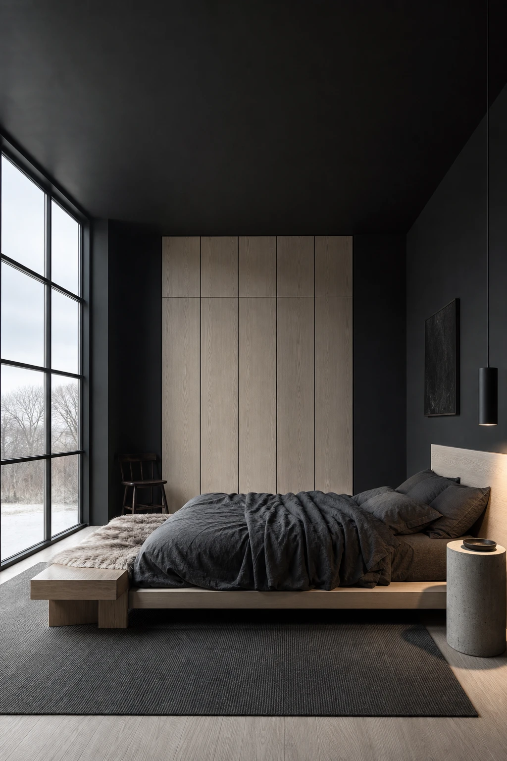 Modern masculine bedroom with Nordic Noir atmosphere featuring dark walls, raw timber, and minimal furnishings in a moody restrained composition