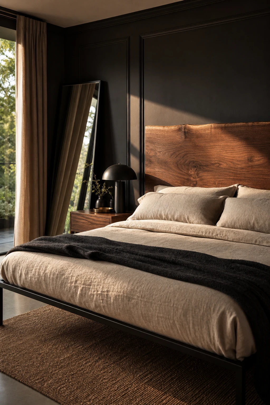 Modern masculine bedroom with walnut headboard and black steel frame bed, dark grey walls, linen bedding, and warm directional lighting