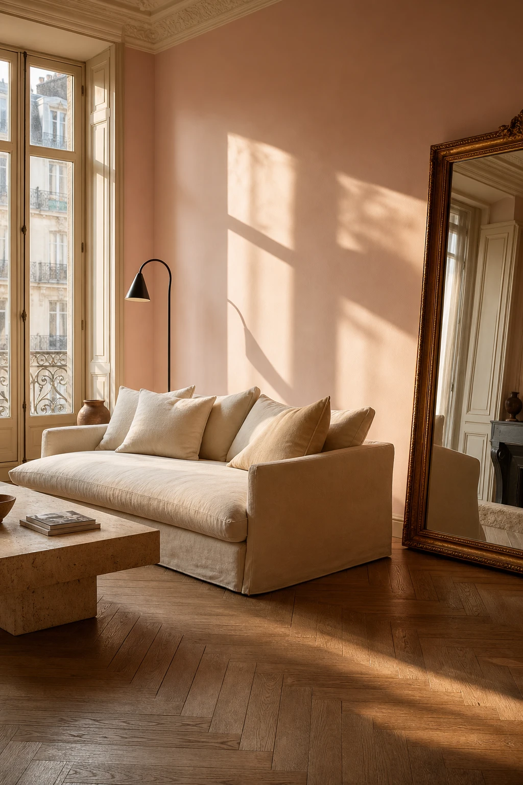 Modern Parisian pink French country living room with clean lined linen sofa, gilt mirror, parquet floor, and Farrow & Ball Pink Cup walls in soft afternoon light