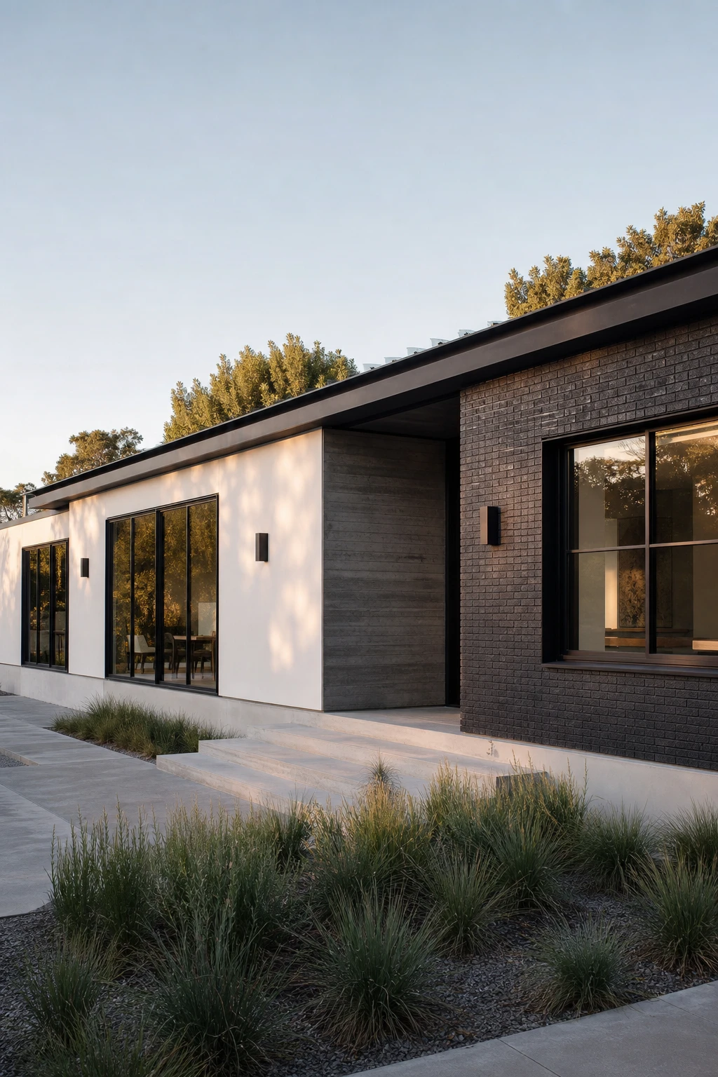 Modern ranch exterior combining white stucco and dark brick cladding zones with black window frames, a low pitched roofline, and warm afternoon light on the facade