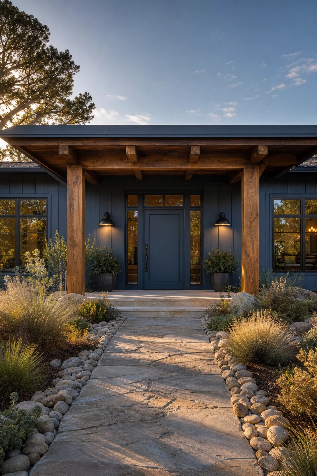 Modern ranch exterior entry with wide covered porch, bold front door, stone path, and Farrow & Ball Bay Area Blue facade under warm afternoon light