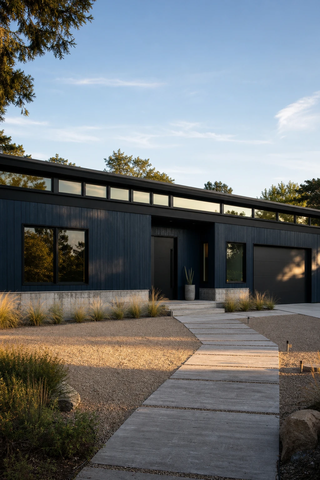Modern ranch exterior painted deep navy blue with bold black trim framing wide windows and a low roofline under warm afternoon light