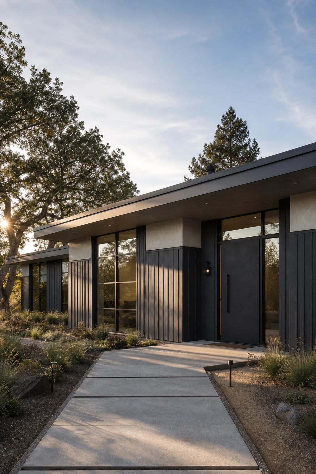 Modern ranch exterior with gray and black color scheme, dark trim, wide roofline, and Farrow & Ball Down Pipe accents in afternoon light