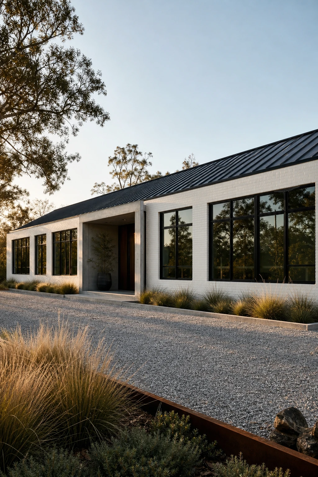 Modern ranch exterior with white brick facade and bold black window frames, photographed in warm afternoon light with crisp shadow detail across the horizontal roofline