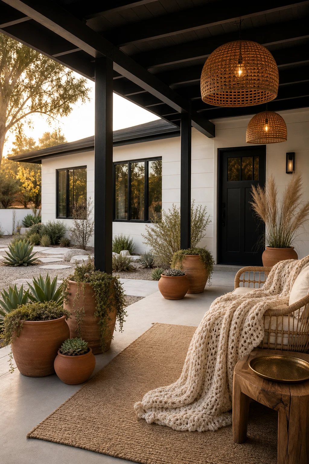 Modern ranch exterior with white walls and black trim layered with boho warmth from terracotta pots, woven pendants, and soft textiles on a welcoming covered porch