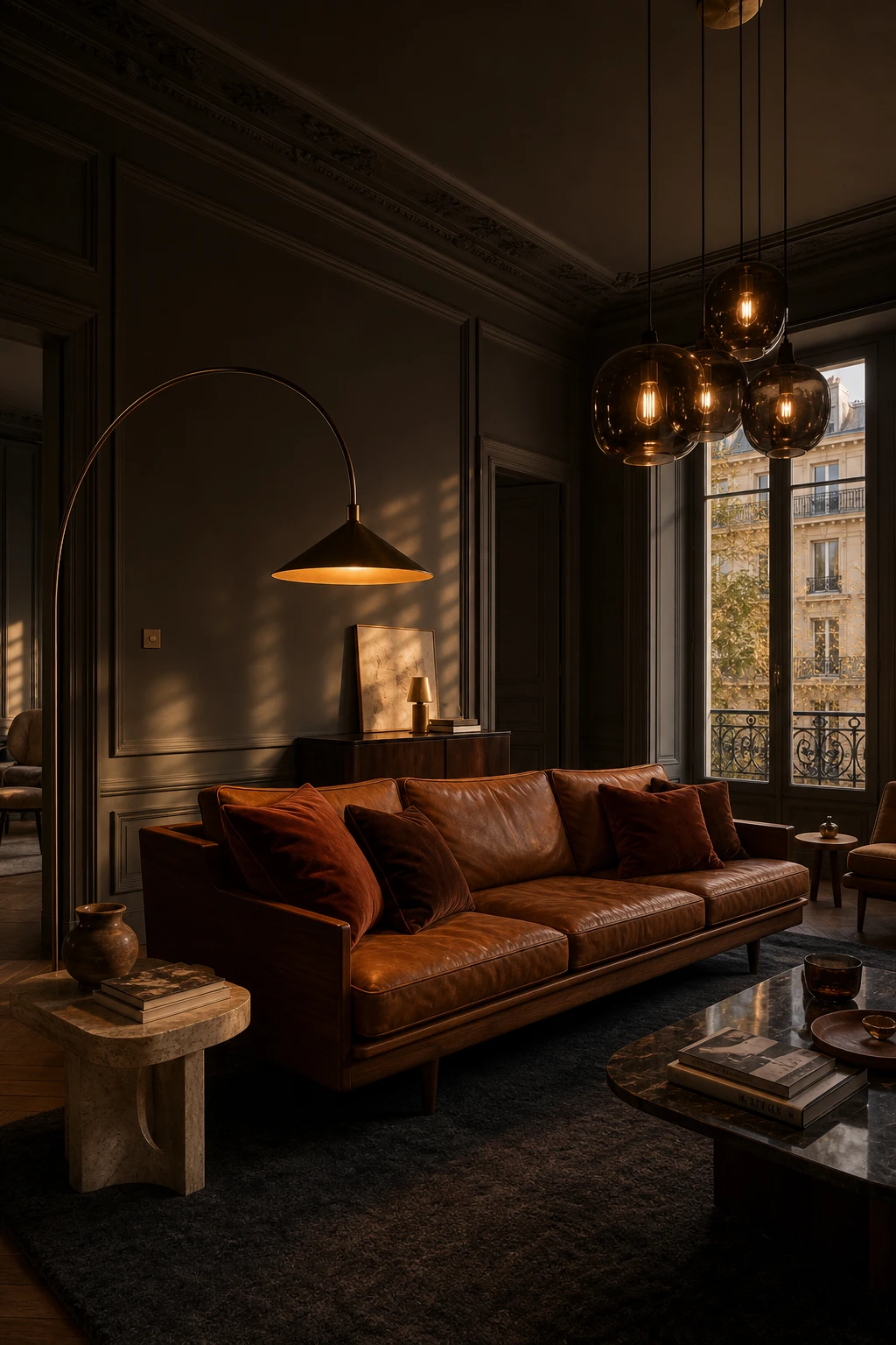 Moody dark Mid Century Parisian living room with Farrow and Ball Moles Breath walls, low walnut furniture, amber lighting and rich layered textiles