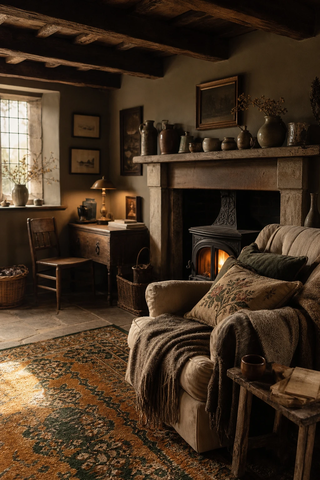 Moody English cottagecore sitting room with deep nature tones, layered textiles, leaded windows and Farrow & Ball Moles Breath walls