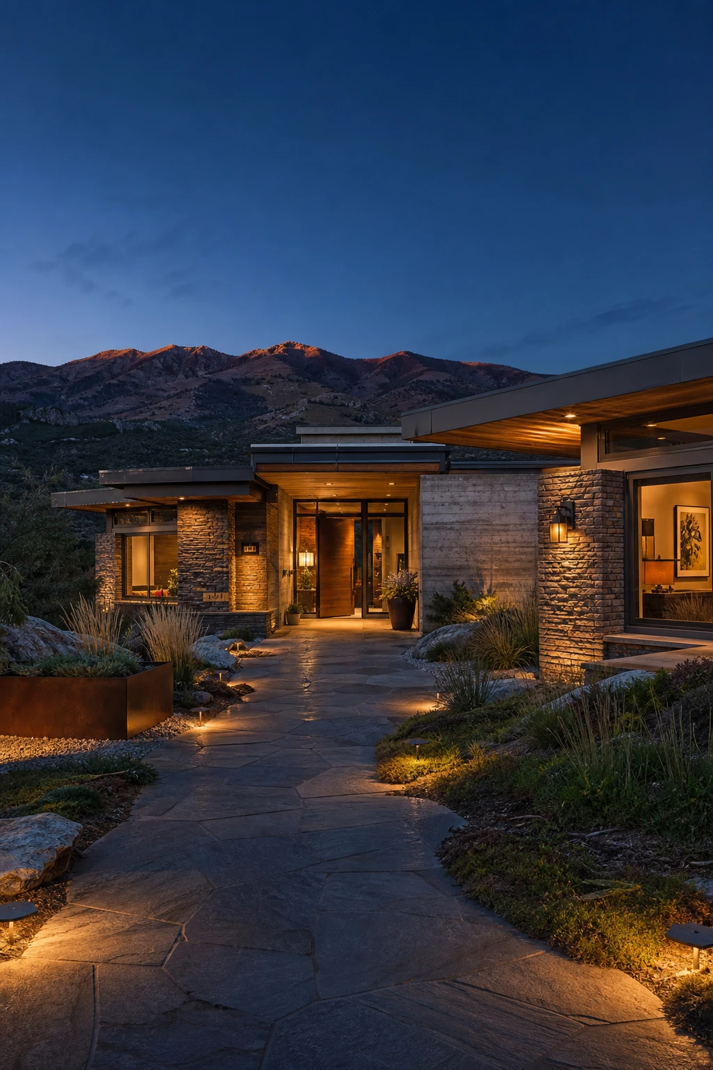 Mountain Modern Ranch exterior at dusk with warm uplighting on stone facade, Farrow and Ball London Stone painted trim, glowing windows and lantern sconces