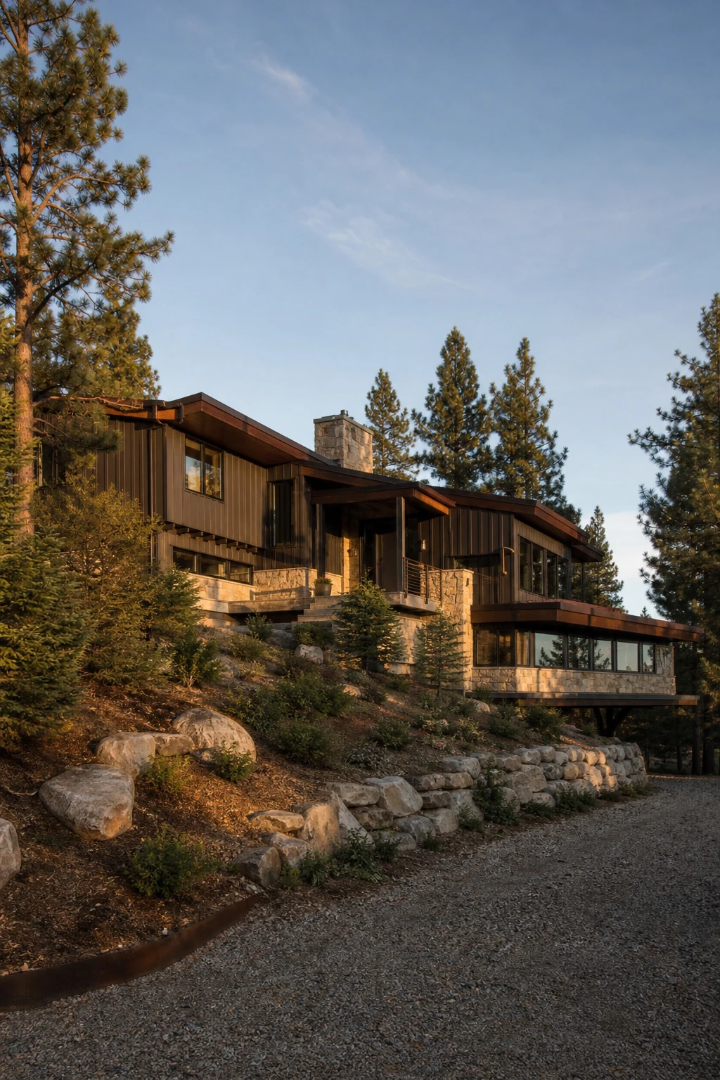 Mountain Modern Ranch exterior built into a hillside with split level massing stepping down the slope, clad in stone and dark timber under warm afternoon light