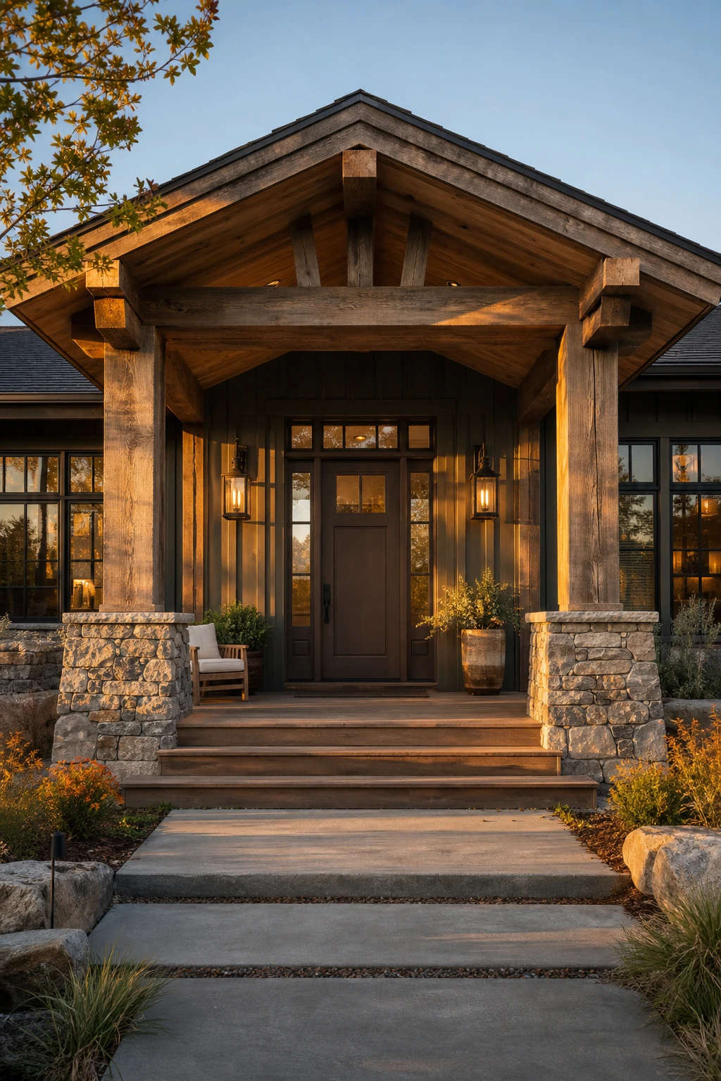 Mountain Modern Ranch exterior entryway with covered porch, wide plank wood ceiling, stone columns, and Farrow & Ball Tanners Brown front door at golden hour