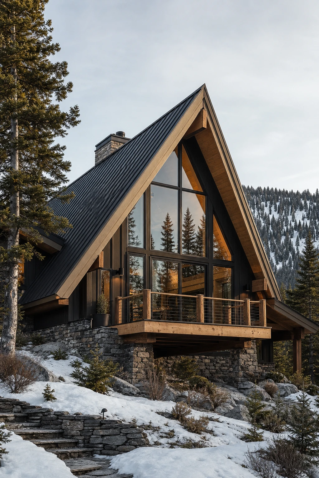Mountain Modern Ranch exterior featuring a bold A frame silhouette clad in dark timber with Farrow and Ball Savage Ground trim against a pine forested slope