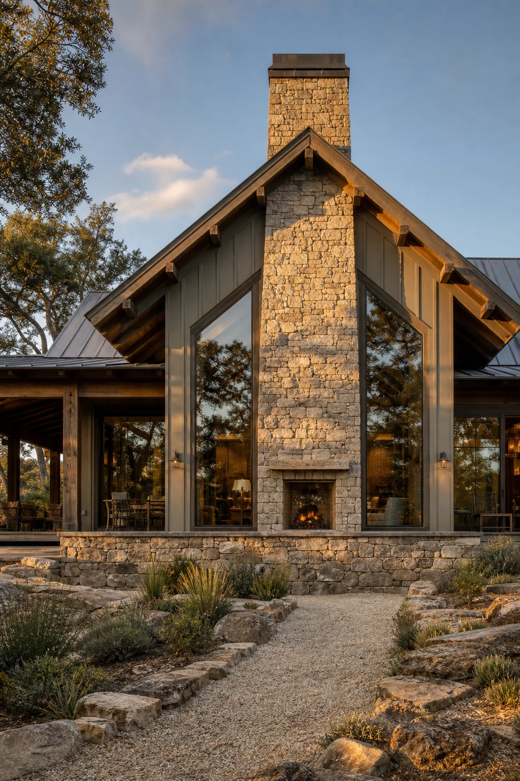 Mountain Modern Ranch exterior gable end with a stone chimney fireplace stack rising through the roofline, warm neutral facade, timber beams, and panoramic mountain backdrop