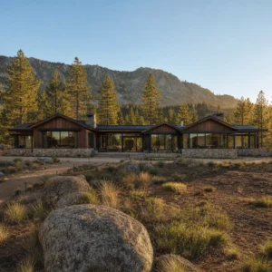 Mountain Modern Ranch exterior with stacked stone base, dark cedar cladding, multiple gables, and floor to ceiling steel framed windows set against a pine covered mountain slope in warm late afternoon light.