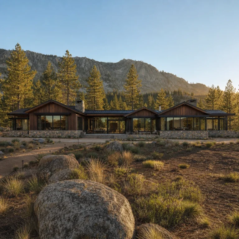 Mountain Modern Ranch exterior with stacked stone base, dark cedar cladding, multiple gables, and floor to ceiling steel framed windows set against a pine covered mountain slope in warm late afternoon light.
