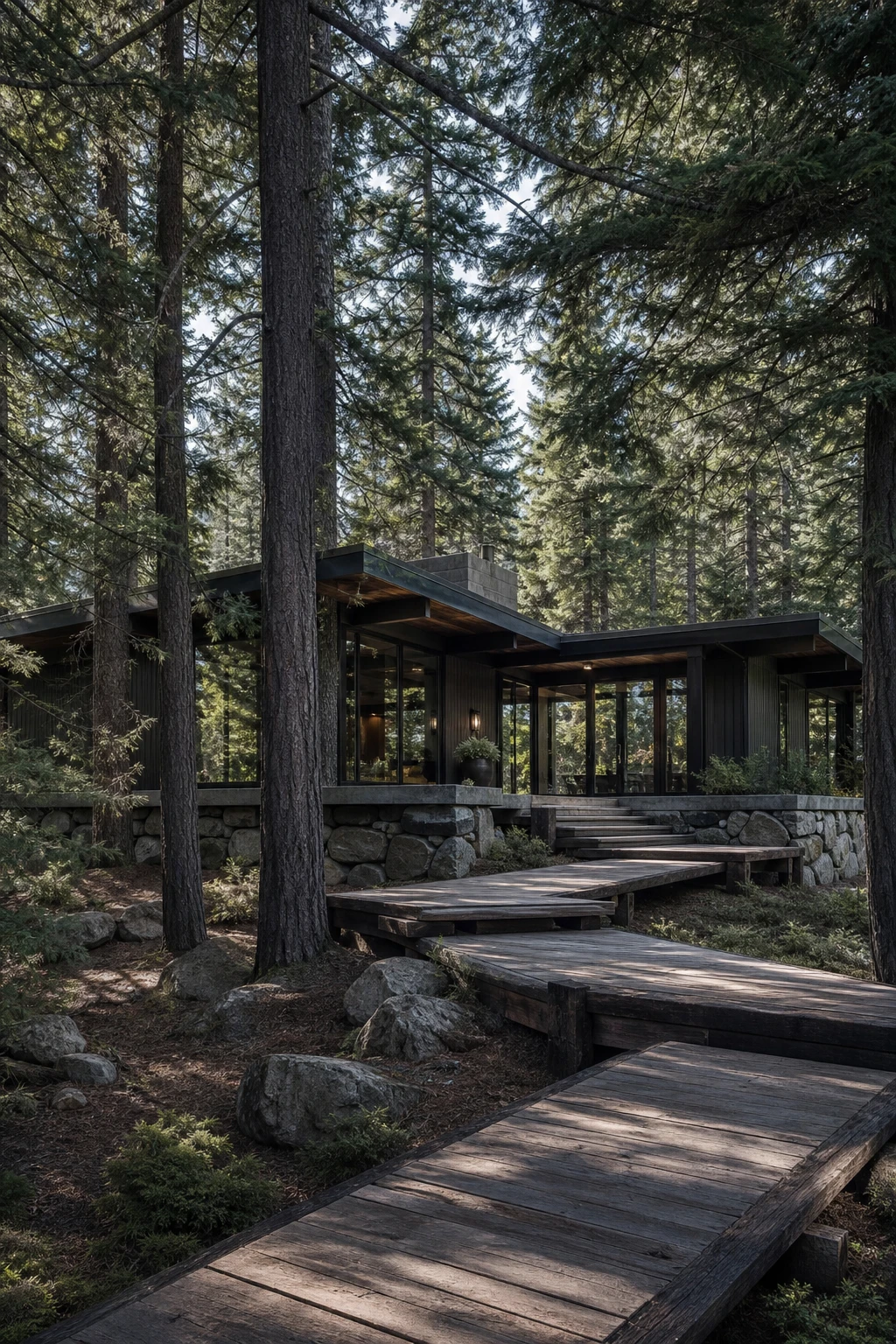 Mountain Modern Ranch exterior nestled in a dense forest setting with dark grey facade, timber cladding, stone base, and tall evergreen trees framing the structure