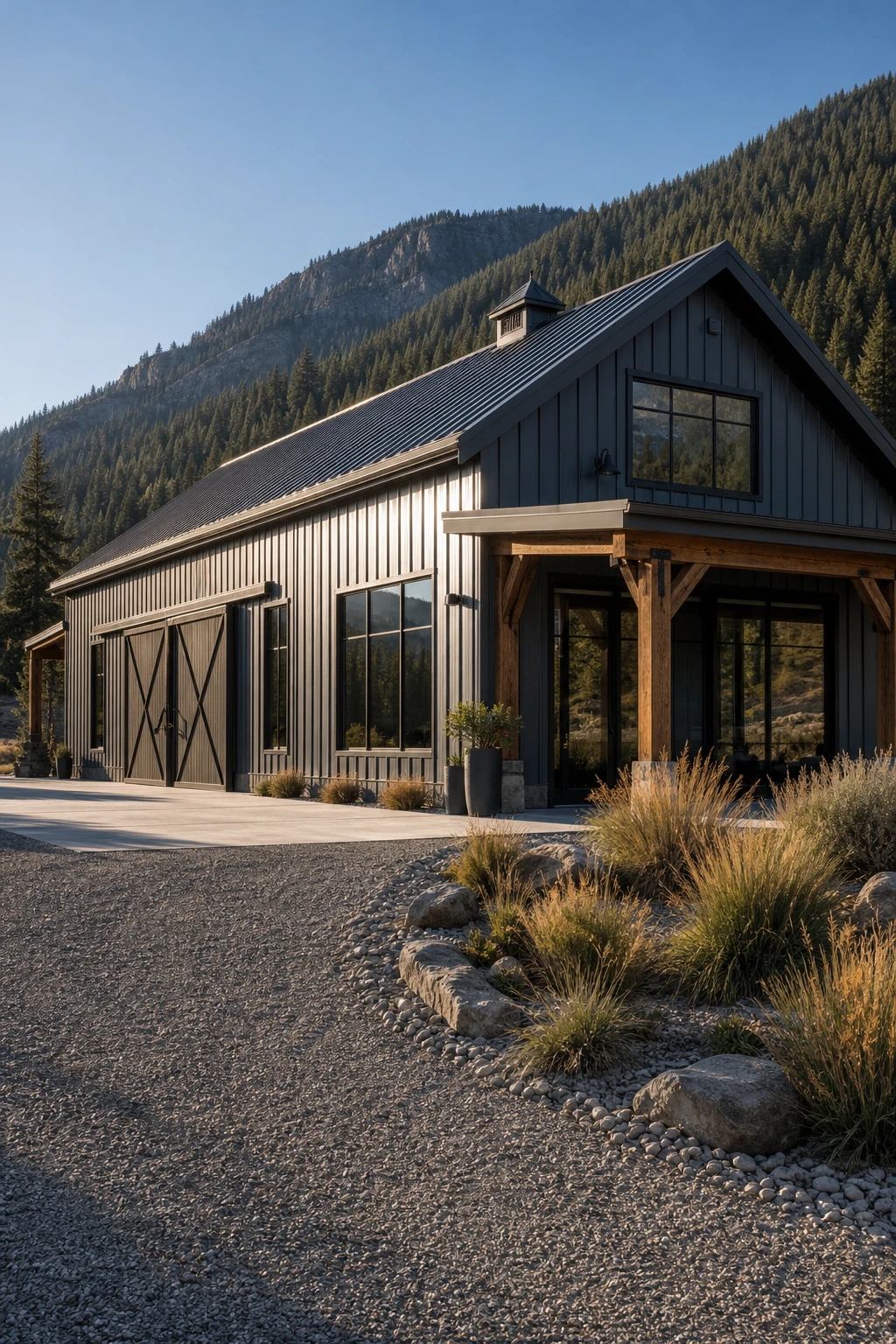 Mountain Modern Ranch exterior with barndominium form, dark metal skin, steep gabled roofline, and Farrow and Ball Hopper Head trim against a forested mountain backdrop