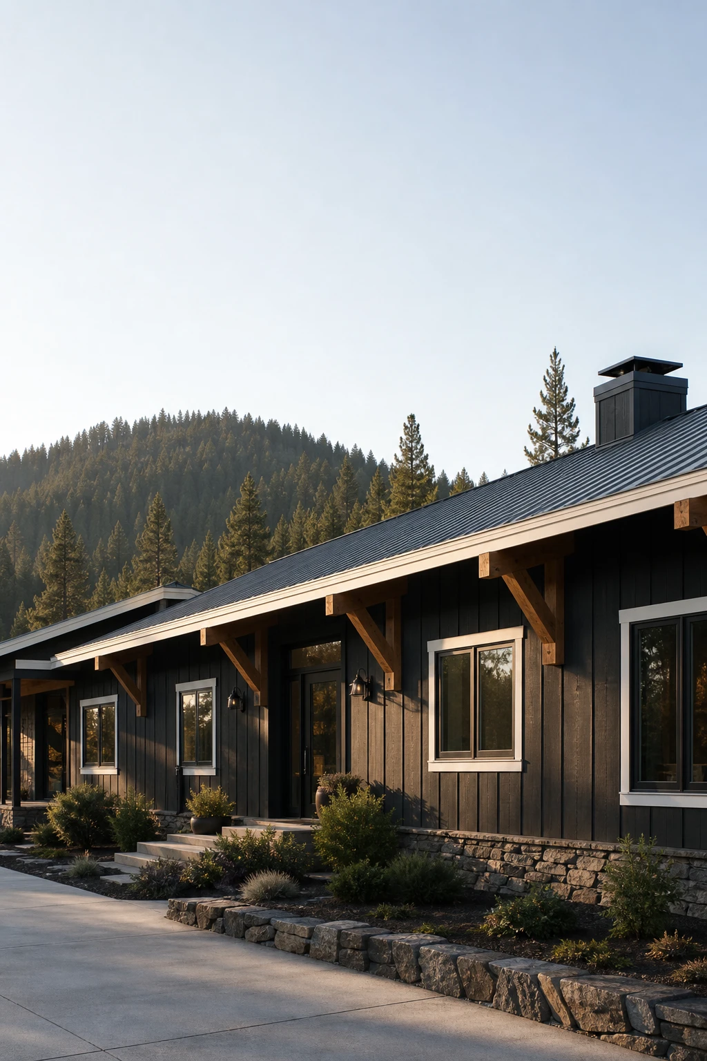 Mountain Modern Ranch exterior with dark cladding hero, light trim, stone base, metal roof, and timber accents under soft morning alpine light