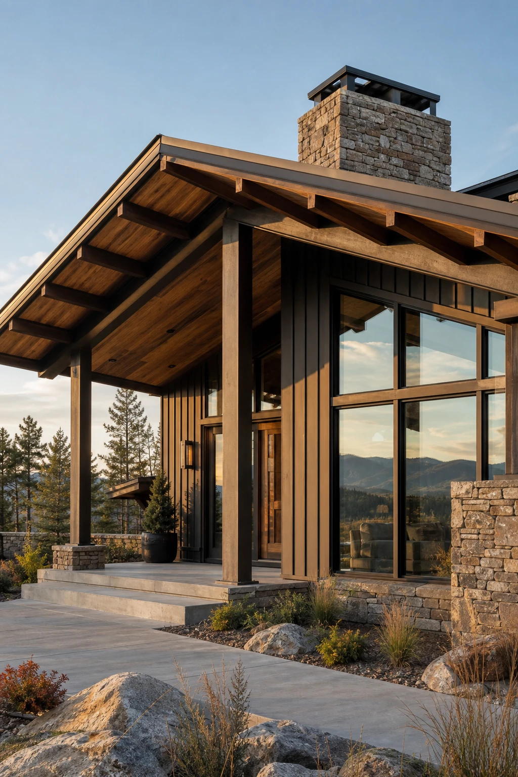 Mountain Modern Ranch exterior with dramatic chalet roofline deep overhanging eaves exposed timber rafters Farrow and Ball Stony Ground facade warm afternoon light